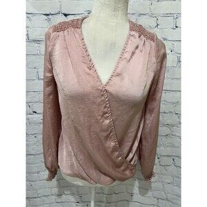Single Thread Womens Smocked Long Sleeve Pink Wrap Top Small
